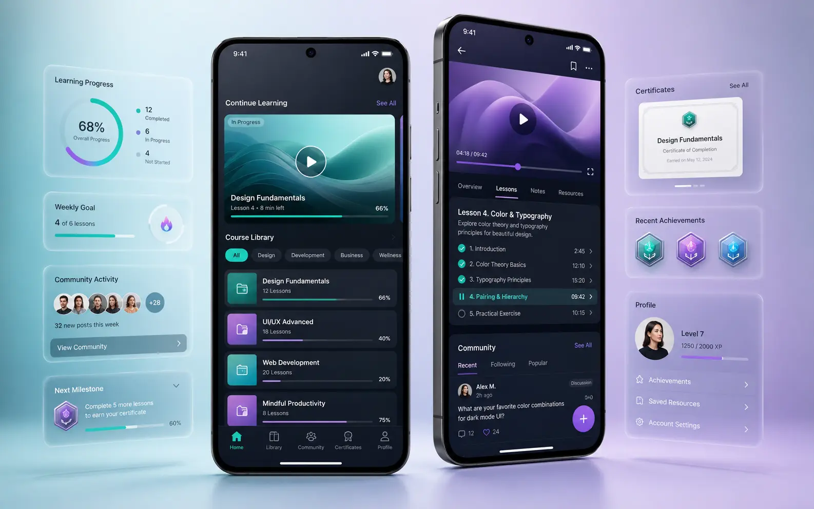Illustrative content and membership app concept displayed on two phones